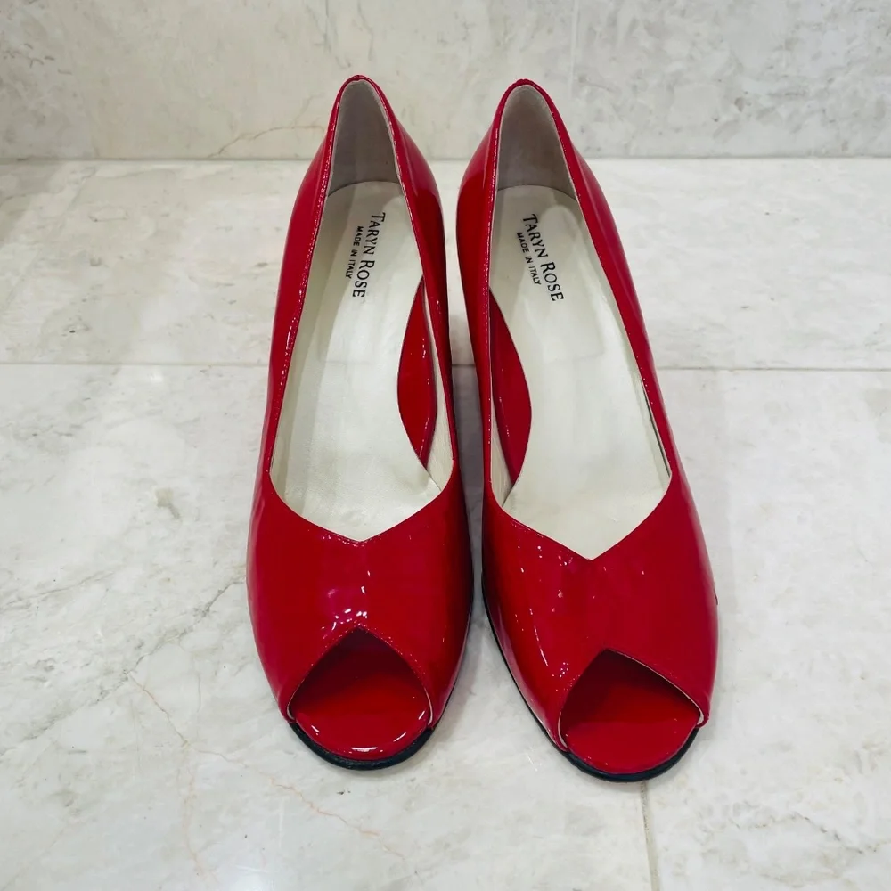 TARYN ROSE {39.5} Red Wedge Patent Leather Peep Toe Candy Apple Red 
